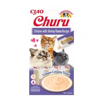 INABA CIAO Churu Piure, Pui și Creveti, recompense lichide lichide fara cereale Pisici, topping cremos, 14g x 4