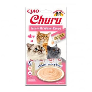 INABA CIAO Churu Piure, Ton și Somon, recompense lichide fără cereale pisici, topping cremos, 14g x 4