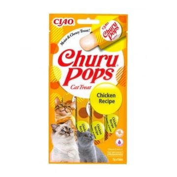 INABA CIAO Churu Pops, Pui, recompense lichide fără cereale pisici, topping pate, 15g x 4