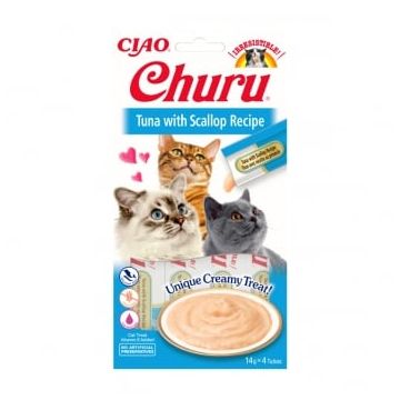 INABA CIAO Churu Pure, Ton și Scoici, recompense lichide lichide fara cereale Pisici, topping cremos, 14g x 4
