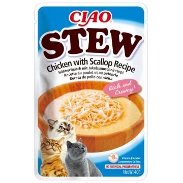 INABA Ciao Stew, Pui și Scoici, plic hrană umedă fără cereale pisici, (în sos), 40g