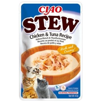 INABA Ciao Stew, Pui și Ton, plic hrană umedă fără cereale pisici, (în sos), 40g