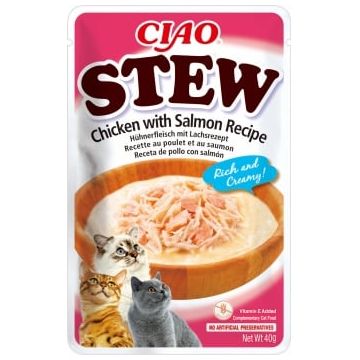 INABA Ciao Stew, Somon și Pui, plic hrană umedă fără cereale pisici, (în sos), 40g