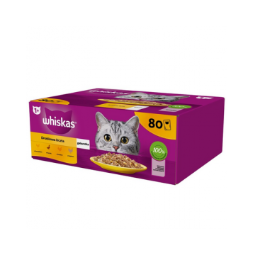 WHISKAS Adult plicuri hrana pisica in aspic 80 x 85 g bucati cu: pui, rata, pasare, curcan