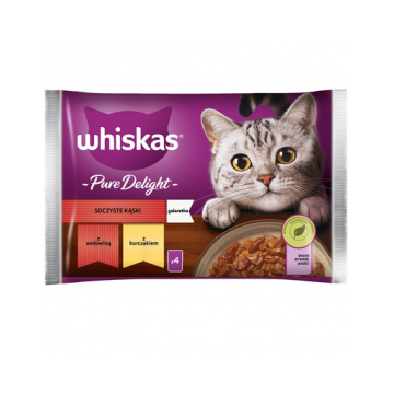 WHISKAS Adult Plicuri hrana umeda pisica 4x85 g Juicy Bites hrana umeda cu bucat de carne de vita, pui in aspic