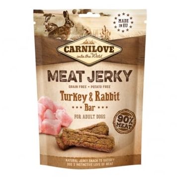 CARNILOVE Jerky, XS-XL, Curcan și Iepure, punguță recompense fără cereale câini, 100g