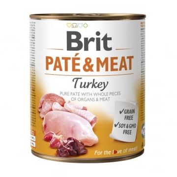 BRIT Pate & Meat, Curcan, conservă hrană umedă fără cereale câini, (pate cu bucăți de carne), 800g