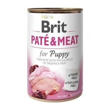 BRIT Pate & Meat Puppy, Pui și Curcan, conservă hrană umedă fără cereale câini junior, (pate cu bucăți de carne), 400g