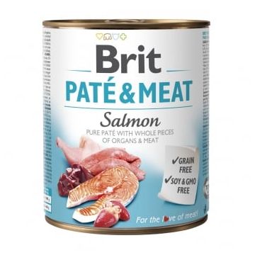 BRIT Pate & Meat, Somon, conservă hrană umedă fără cereale câini, (pate cu bucăți de carne), 800g