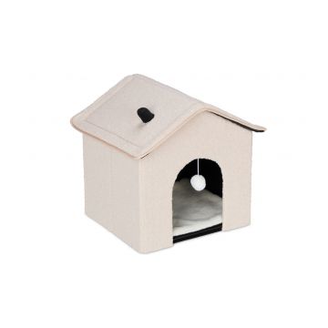 Casuta pentru pisici cu culcus, pliabila, material moale, Crem