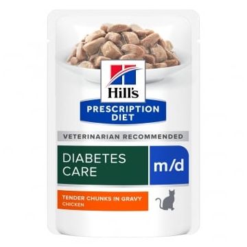 HILL'S Prescription Diet m/d, Pui, dietă veterinară, plic hrană umedă pisici, diabet, bax, 85g x 12buc