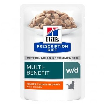 HILL'S Prescription Diet w/d Multi-Benefit, Pui, dietă veterinară, plic hrană umedă pisici, obezitate & diabet, bax, 85g x 12buc