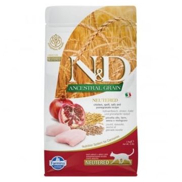 N&D Ancestral Grain Adult Sterilizat, Pui, hrană uscată conținut redus cereale pisici sterilizate, 1.5kg