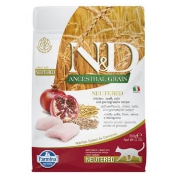 N&D Ancestral Grain Adult Sterilizat, Pui, hrană uscată conținut redus cereale pisici sterilizate, 300g