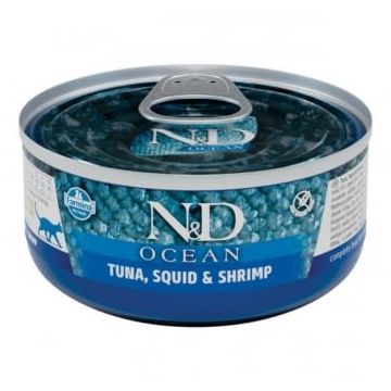 N&D Ocean, Ton și Calamar, conservă hrană umedă fără cereale pisici, (în sos), 70g