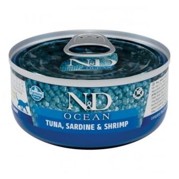 N&D Ocean, Ton și Sardine, conservă hrană umedă fără cereale pisici, (în sos), 70g