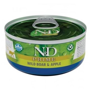 N&D Prime, Mistreț și Măr, conservă hrană umedă fără cereale pisici, (în sos), 70g