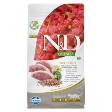 N&D Quinoa Adult Sterilizat, Rață și Broccoli, hrană uscată fără cereale pisici, 1.5kg