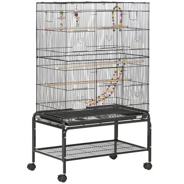 PawHut Colivie pentru Păsări cu Stinghii, Jucării, Recipiente Alimentare și Tavă Detașabilă, 79x49x133 cm, Negru | Aosom Romania