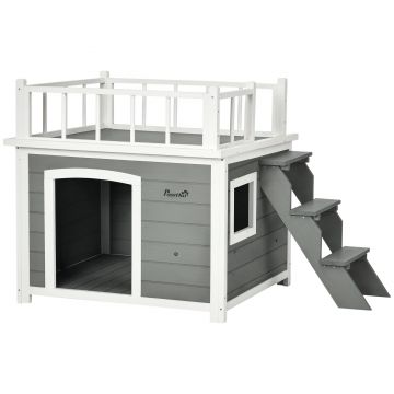 PawHut Cusca Exterior pentru Caini cu Balcon Scări și Picioare Înălțate Rezistentă la Intemperii | Aosom Romania