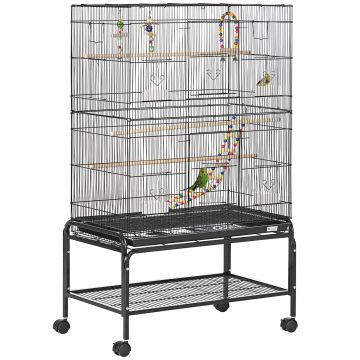 PawHut Colivie pentru Păsări cu Stinghii, Jucării, Recipiente Alimentare și Tavă Detașabilă, 79x49x133 cm, Negru | Aosom Romania