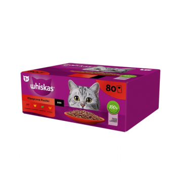 WHISKAS Adult 80x85 g Classic Meals - hrana umeda pentru pisici adulte, in sos (bucati de: vita, pui, miel, pasare)