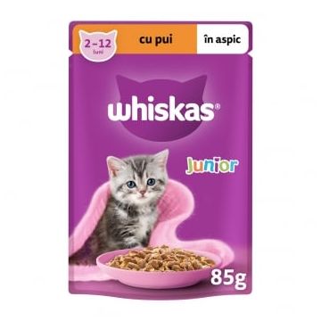 WHISKAS Junior, Pui, plic hrană umedă pisici junior, (în aspic), multipack, 85g