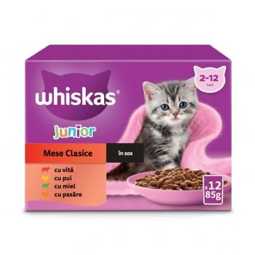 WHISKAS Junior Selectii Clasice, Miel, Vită, Pui și Pasăre, plic hrană umedă pisici, (în sos), multipack, 85g x 12