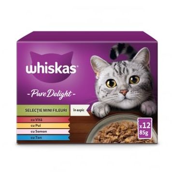 WHISKAS Pure Delight Mixed Selection, Vită, Pui, Somon și Ton, plic hrană umedă pisici, (în aspic), multipack, 85g x 12