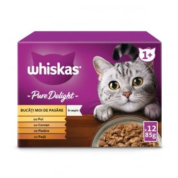 WHISKAS Pure Delight, Pasăre, plic hrană umedă pisici, (în aspic), multipack, 85g x 12