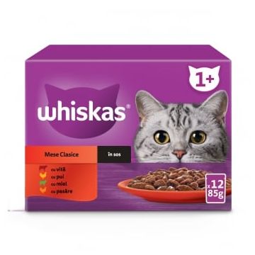 WHISKAS Selectii Clasice, Miel, Vită, Pui și Pasăre, plic hrană umedă pisici, (în sos), multipack, 85g x 12