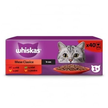 WHISKAS Selectii Clasice, Miel, Vită, Pui și Pasăre, plic hrană umedă pisici, (în sos), multipack, 85g x 40