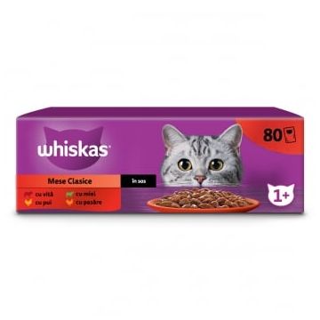 WHISKAS Selectii Clasice, Miel, Vită, Pui și Pasăre, plic hrană umedă pisici, (în sos), multipack, 85g x 80