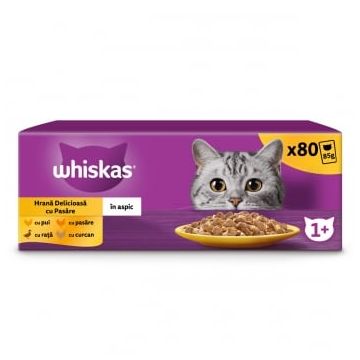 WHISKAS Selectii, Pasăre, plic hrană umedă pisici, (în aspic), multipack, 85g x 80