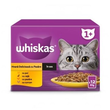 WHISKAS Selectii, Pasăre, plic hrană umedă pisici, (în sos), multipack, 85g x 12