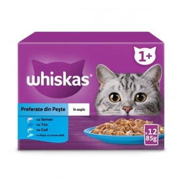 WHISKAS Selectii, Pește, plic hrană umedă pisici, (în aspic), multipack, 85g x 12