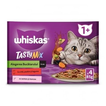 WHISKAS Tasty Mix Chef's Choice, Somon, Vită și Pasăre, plic hrană umedă pisici, (în sos), multipack, 85g x 4