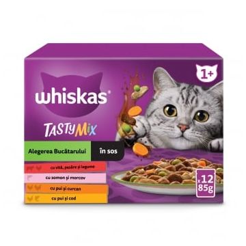 WHISKAS Tasty Mix Chef's Choice, Somon, Vită, Pui și Pasăre, Pui și Curcan, Pui și Cod, plic hrană umedă pisici, (în sos), multipack, 85g x 12