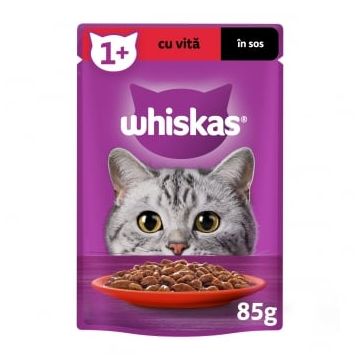 WHISKAS, Vită, plic hrană umedă pisici, (în sos), 85g