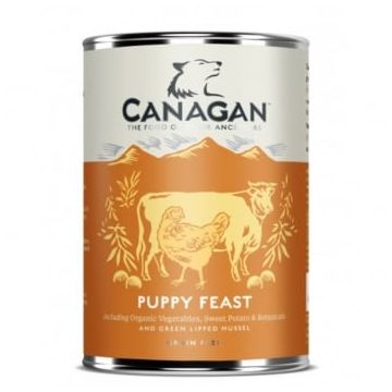 CANAGAN Puppy Feast, XS-XL, Pui și Vită, conservă hrană umedă fără cereale câini junior, (în supă), 400g