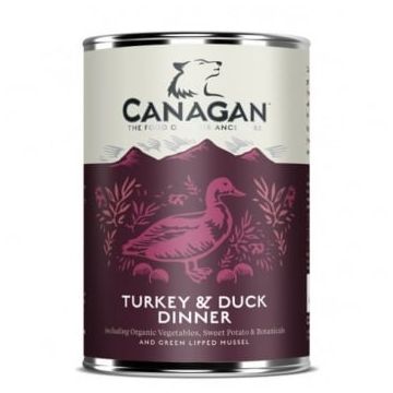 CANAGAN Turkey&Duck Dinner, XS-XL, Curcan și Rață, conservă hrană umedă fără cereale câini junior & adult, (în supă), 400g