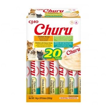 INABA Churu Chicken Varieties (Pui, Pui și Scoici| Brânză| Creveți), cutie, tub recompense fără cereale pisici, (topping), 280g