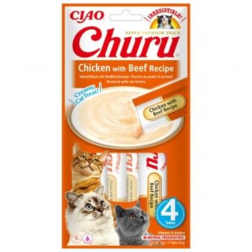 INABA Churu, Pui și Vită, punguță, tub recompense fără cereale pisici, (topping), 56g