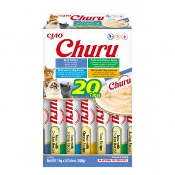 INABA Churu Tuna Varieties (Ton, Ton și Pui|Brânză|Scoici), cutie, tub recompense fără cereale pisici, (topping), 280g