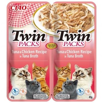 INABA Ciao Twin Packs, Ton și Pui, plic hrană umedă fără cereale pisici, (topping), 80g