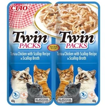 INABA Ciao Twin Packs, Ton, Pui și Scoici, plic hrană umedă fără cereale pisici, (topping), 80g