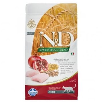 N&D Ancestral Grain, Pui și Rodie, hrană uscată conținut redus cereale pisici, 5kg