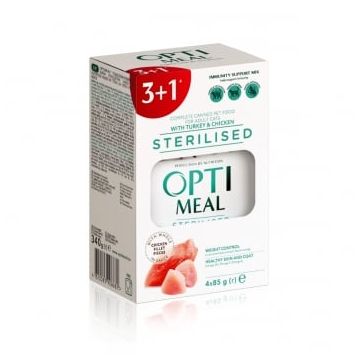 OPTIMEAL Sterilised, Pui și Curcan, plic hrană umedă pisici sterilizate, (în sos), bax, 85g x 4buc
