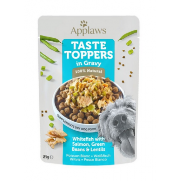 APPLAWS Dog Taste Toppers in gravy White fish, salmon, beans 12 x 85 g Hrana umeda caini, cu peste alb, somon si fasole