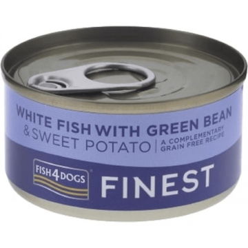 Hrana umeda pentru caini Fish4Dogs Peste alb&Cartof dulce&Fasole verde 85g